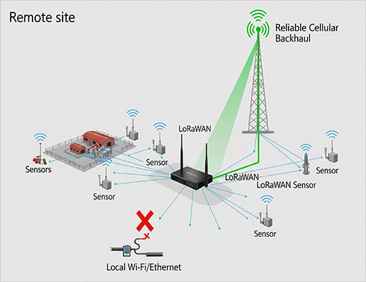 A diagram illustrating a LoRaWAN Gateway with Cellular Backhaul providing essential connectivity during a primary internet outage.