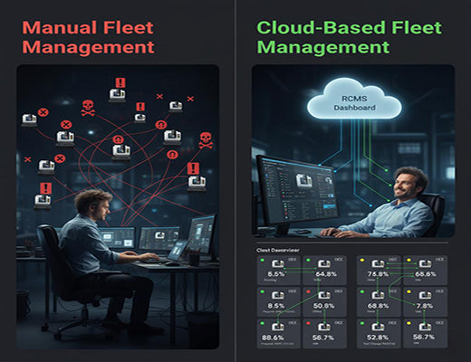 An infographic comparing the chaos of manually managing a CNC router fleet's connectivity to the simplicity and control offered by the RCMS cloud platform.