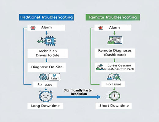 An infographic comparing the slow, costly traditional troubleshooting process for a CNC router to the faster, more efficient remote troubleshooting workflow.