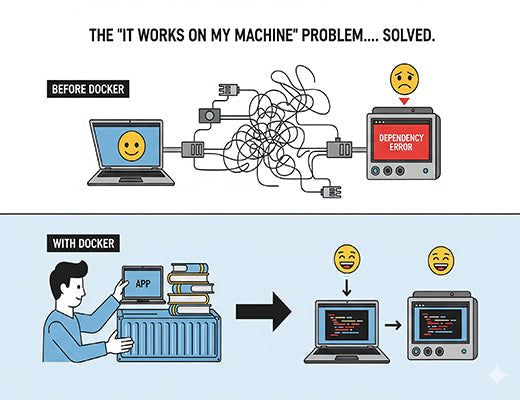 An infographic showing how Docker solves the