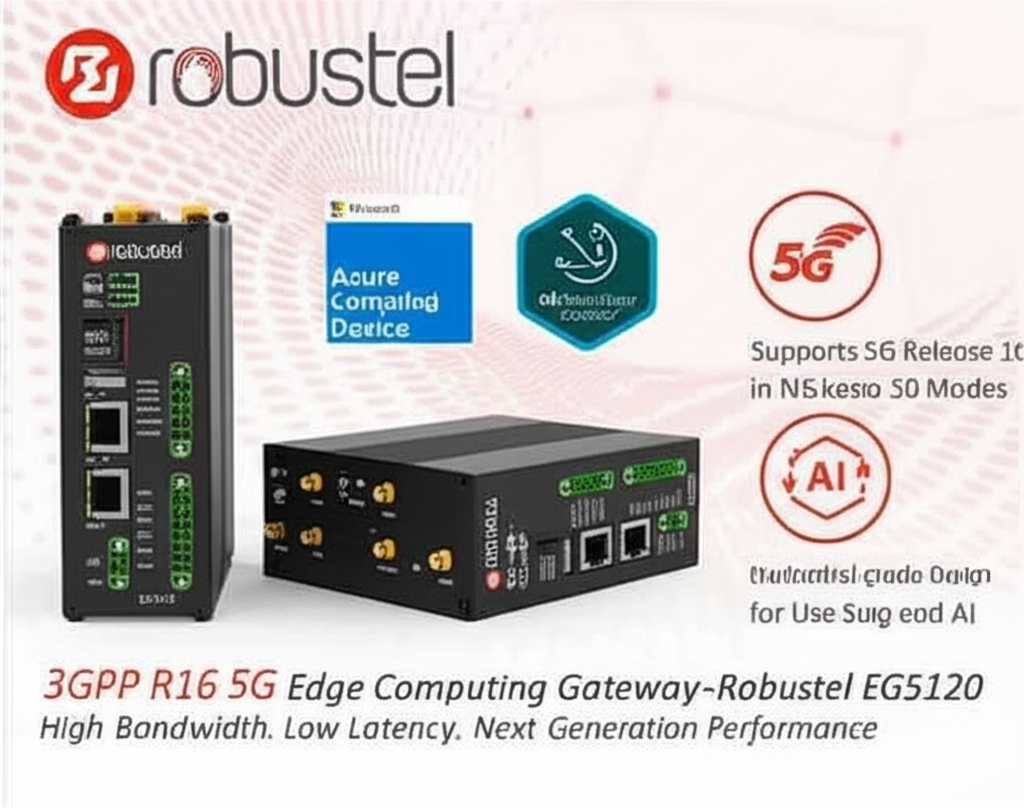 An infographic showing that the Robustel EG5120 industrial IoT edge gateway is qualified for AWS IoT Greengrass, connecting OT devices to the AWS cloud.