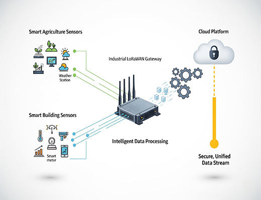 An infographic of a central Industrial LoRaWAN Gateway, the brain of a modern IoT network, connecting sensors to the cloud.