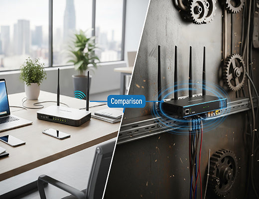 An infographic contrasting a consumer router in an office with a rugged industrial cellular router in a harsh factory setting.