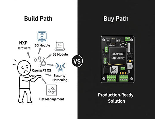 An infographic comparing the complexity of a DIY 'build' approach for an IoT gateway versus an integrated 'buy' solution.