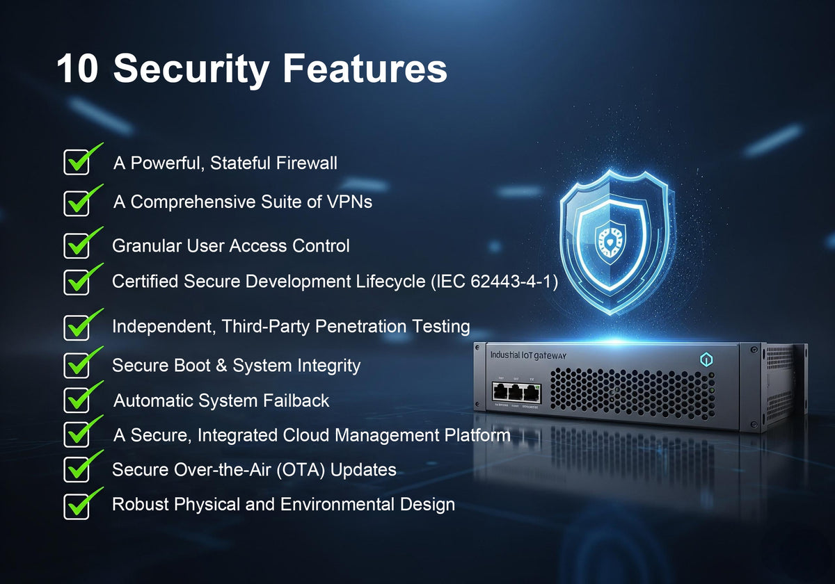 An image titled '10 Security Features' listing various security features for an IoT gateway, including a powerful firewall, comprehensive VPNs, granular user access control, certified secure development lifecycle (IEC 62443-4-1), independent third-party p