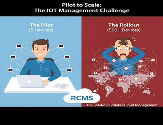 An infographic showing the challenge of manually managing a large fleet of IoT devices and how the RCMS platform solves this scalability problem.