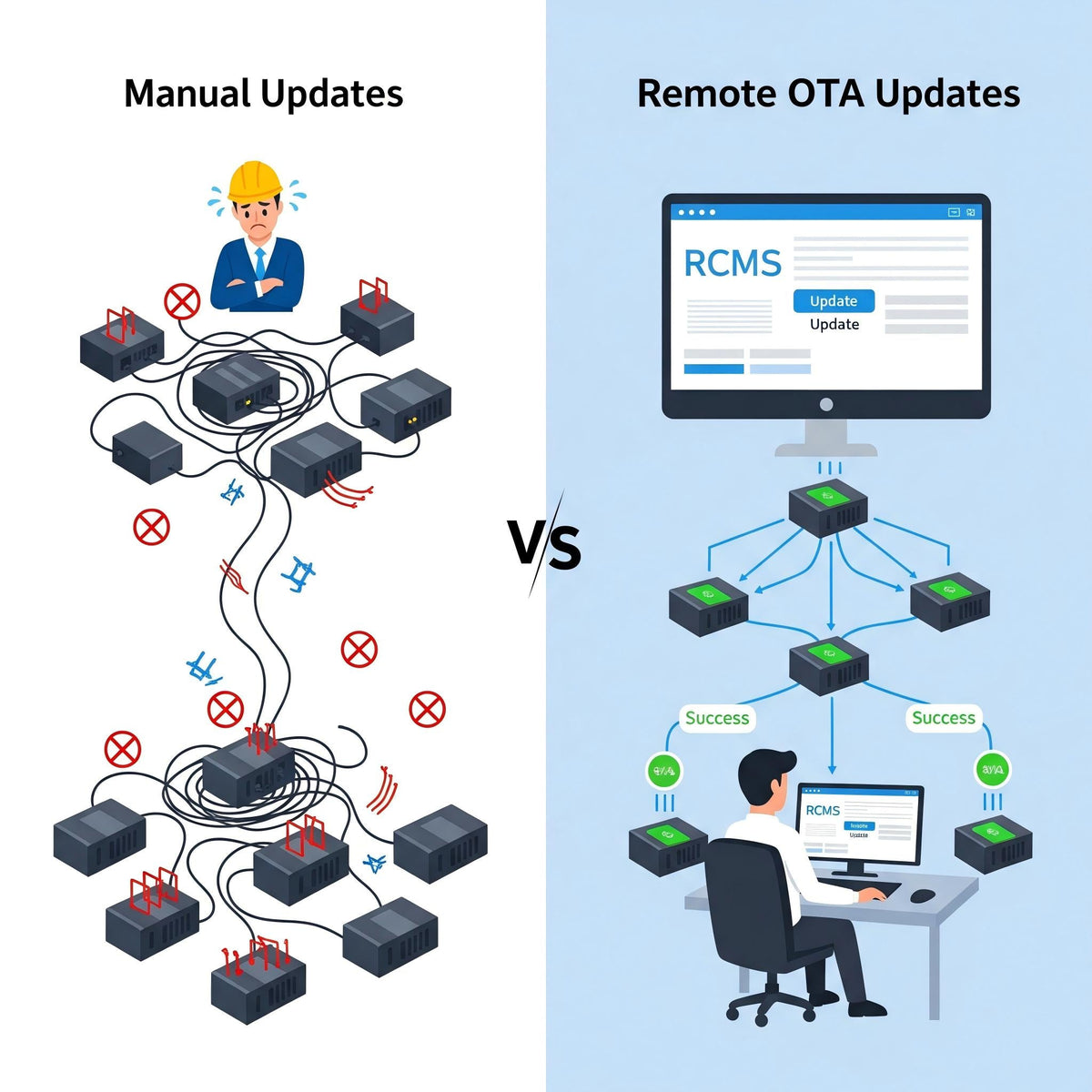 An infographic comparing the chaos of manual IoT updates to the simplicity and efficiency of using remote OTA updates from a central cloud platform.