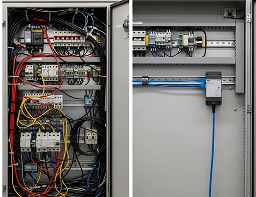 Before and after photos of an industrial control panel, demonstrating how a PoE-PD device reduces the number of cables, simplifying the wiring and installation.