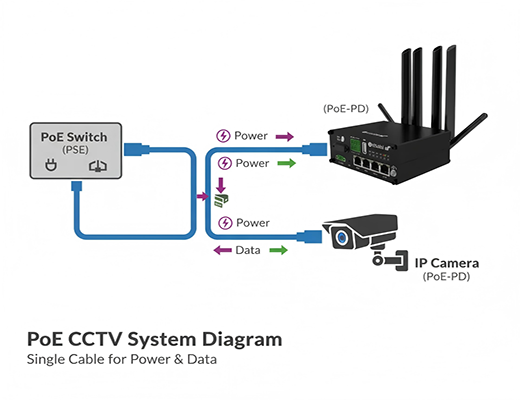 A diagram of a PoE-powered CCTV system showing a PoE switch (PSE) providing both power and data to a PoE-PD-enabled router and an IP camera via a single Ethernet cable.