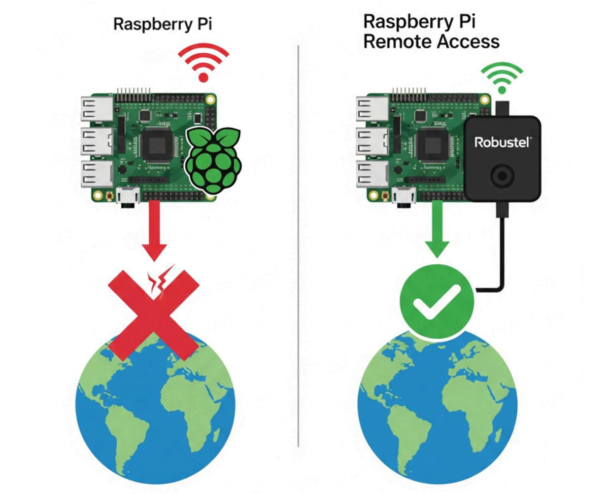 A side-by-side comparison diagram. On the left, a Raspberry Pi attempts to connect to the internet wirelessly but fails, indicated by a red