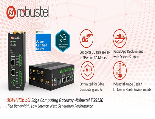 A promotional image for the Robustel EG5120 5G Edge Computing Gateway. The image displays two views of the black industrial gateway device, alongside key features and certifications. Certifications include