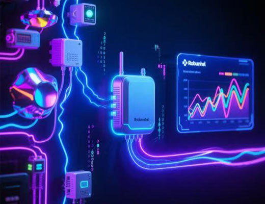 A vibrant, futuristic image of a Robustel IoT network with glowing cables connecting devices and displaying data on a screen.