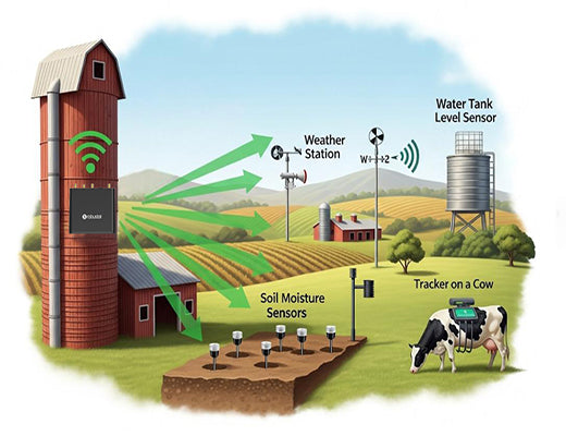 An infographic showing how a single LoRaWAN gateway can manage a wide variety of sensors in a smart agriculture deployment.