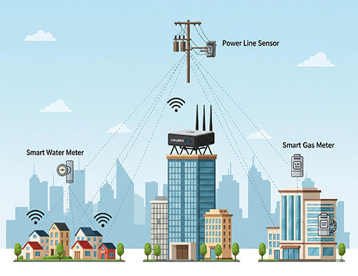 An infographic showing how a single gateway enables LoRaWAN for smart utilities, connecting meters and grid sensors across a city.