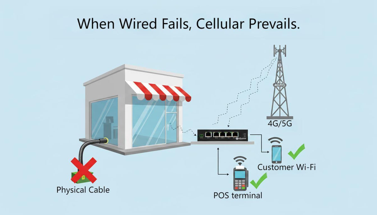 An infographic demonstrating how WAN failover to a cellular backup keeps a retail store's POS terminals and Wi-Fi online during a wired internet outage.