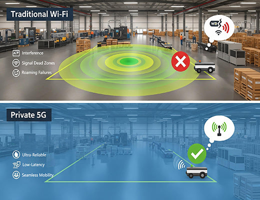 An infographic comparing the unreliable performance of Wi-Fi in a factory to the consistent, reliable coverage of a private 5G network.