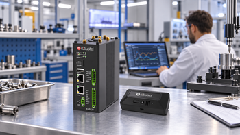 Robustel EG5120 and S6000U sensor on a sensor evaluation bench beside a laptop displaying measurement trends.