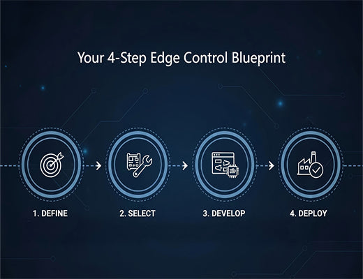 An infographic roadmap showing the 4-step blueprint for a successful first edge control project: Define, Select, Develop, and Deploy.