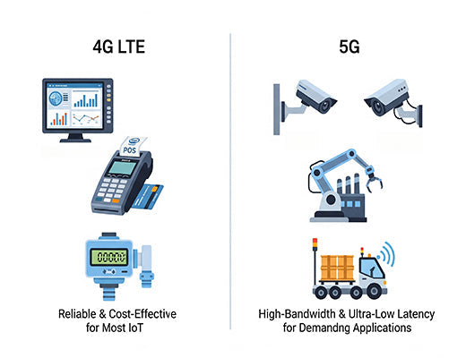 An infographic comparing the ideal industrial IoT applications for 4G LTE, like SCADA and monitoring, versus 5G, like HD video and robotics.