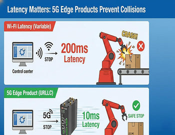 An illustration showing how the low latency of a 5G edge product allows an AGV to stop safely, unlike the slower reaction time of Wi-Fi.