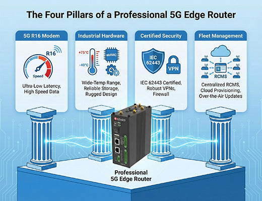 An infographic showing the 4 key features of a professional 5G edge router: a modern 5G modem, industrial hardware, certified security, and fleet management.