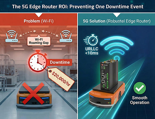 A diagram showing the ROI of a 5G edge router by preventing costly AGV downtime caused by Wi-Fi or 4G LTE latency.