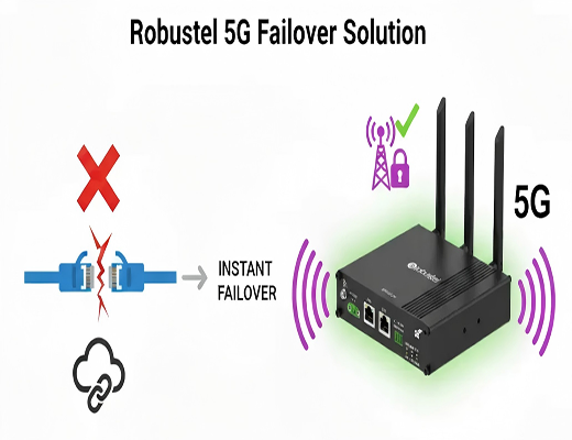 Illustration showing a 5G failover router automatically switching from a failed wired connection to a secure cellular connection.