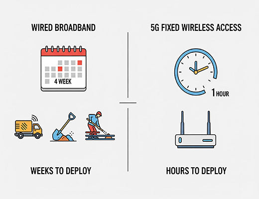 An infographic comparing the slow deployment time of wired broadband with the rapid, same-day deployment of 5G Fixed Wireless Access.