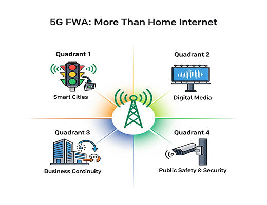 An infographic showcasing four key IoT applications for 5G FWA: smart cities, digital media, business continuity, and security.
