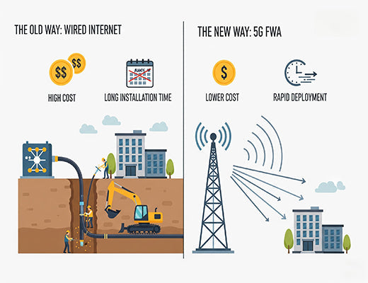 An infographic comparing the slow, expensive deployment of wired internet to the fast and cost-effective deployment of 5G FWA.