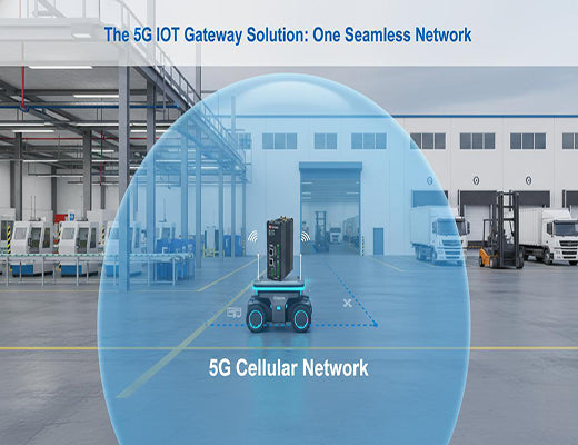 A diagram showing how a 5G IoT Gateway provides one seamless cellular network for an AGV, eliminating Wi-Fi roaming and dead zones.