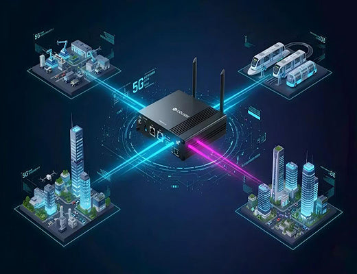 A central 5G router powering various smart city and industrial IoT applications with high-speed wireless signals.