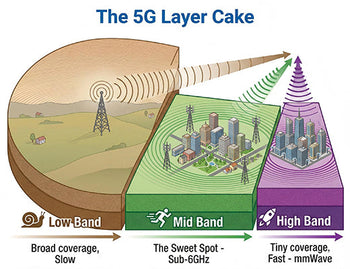 A diagram of the 5G spectrum showing the trade-off between coverage and speed across Low-band, Mid-band (Sub-6GHz), and High-band (mmWave).