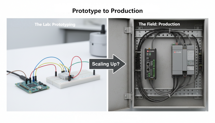 An infographic showing the journey from a Raspberry Pi-based prototype in a lab to a production-grade solution using a Robustel EG5120 in an industrial environment.