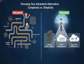 A diagram comparing the complex Advantech ecosystem to the simple, direct path of a Robustel edge product as an Advantech alternative.