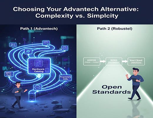 A diagram comparing the complex Advantech IoT Gateway ecosystem to the simple, direct path of a Robustel IoT Gateway as an advantech alternative.