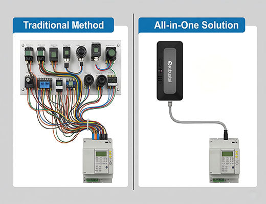 An infographic comparing a complex installation with multiple sensors to a simplified installation using a single 7-in-1 industrial Modbus sensor.