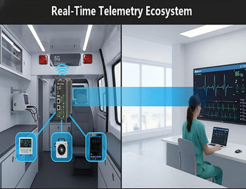 A diagram illustrating the flow of medical data from ambulance devices through a 5G gateway directly to the hospital dashboard in real-time.