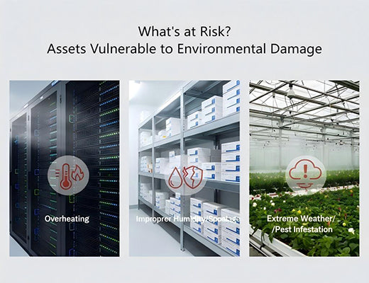 An infographic showing valuable assets at risk from environmental damage, such as servers, pharmaceuticals, and agricultural products.