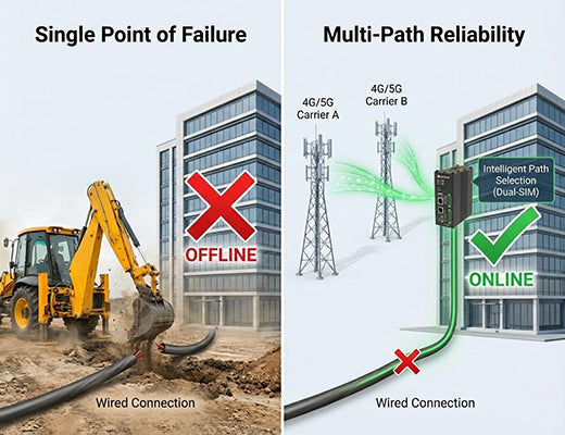 A diagram comparing a single wired link (which fails) to a Dual-SIM cellular edge router that provides 99.99% uptime via failover.