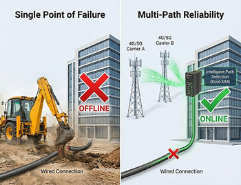 A diagram comparing a single wired link (which fails) to a Dual-SIM cellular edge router that provides 99.99% uptime via failover.