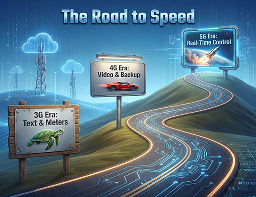 A roadmap illustration showing the evolution of cellular gateways from slow 3G data to 4G broadband and finally to high-speed 5G control.