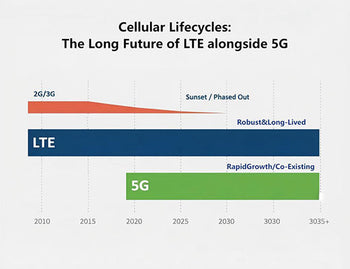 Timeline illustrating the expected long lifecycles and extended coexistence period for lte vs 5g cellular technologies well into the 2030s.