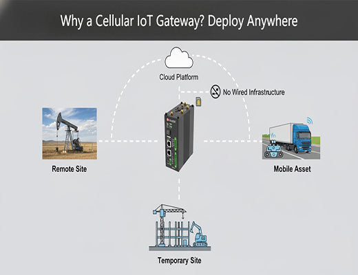 Infographic showing a cellular IoT gateway connecting remote (oil pump), mobile (truck), and temporary (construction) assets to the cloud via 4G/5G.