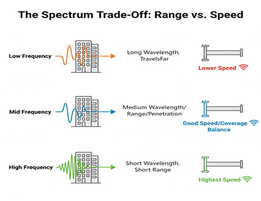 Infographic explaining the fundamental trade-off in cellular spectrum used by lte vs 5g: lower frequencies offer longer range and penetration but lower speed, while higher frequencies offer higher speed but shorter range.