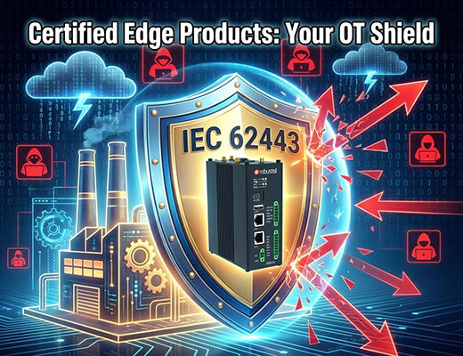 An illustration of a Robustel edge product acting as a certified shield, protecting a factory from cyber threats thanks to IEC 62443 compliance.