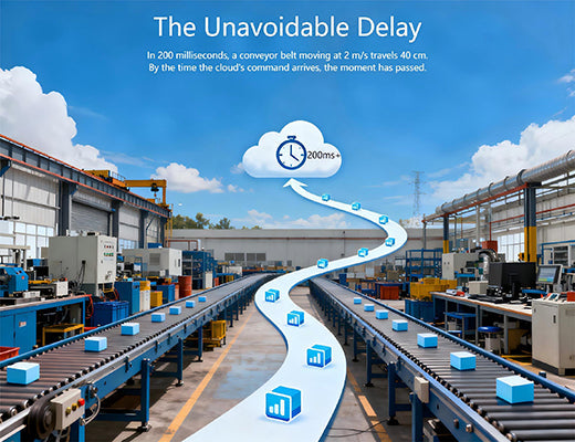 An infographic explaining how network latency makes cloud control too slow for real-time applications on a fast-moving production line.