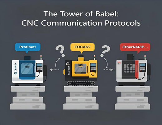 An infographic illustrating the communication challenges caused by the diversity of CNC communication protocols used by different manufacturers.