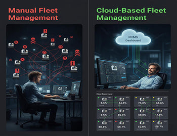 An infographic comparing the chaos of manually managing a CNC router fleet's connectivity to the simplicity and control offered by the RCMS cloud platform.