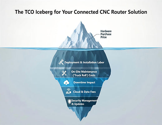 An iceberg infographic illustrating the Total Cost of Ownership (TCO) for a connected CNC router solution, emphasizing the large hidden operational costs.